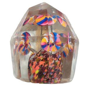 Antique Bohemian Facet Cut Art Glass With Decorative Flowers Paperweight READ